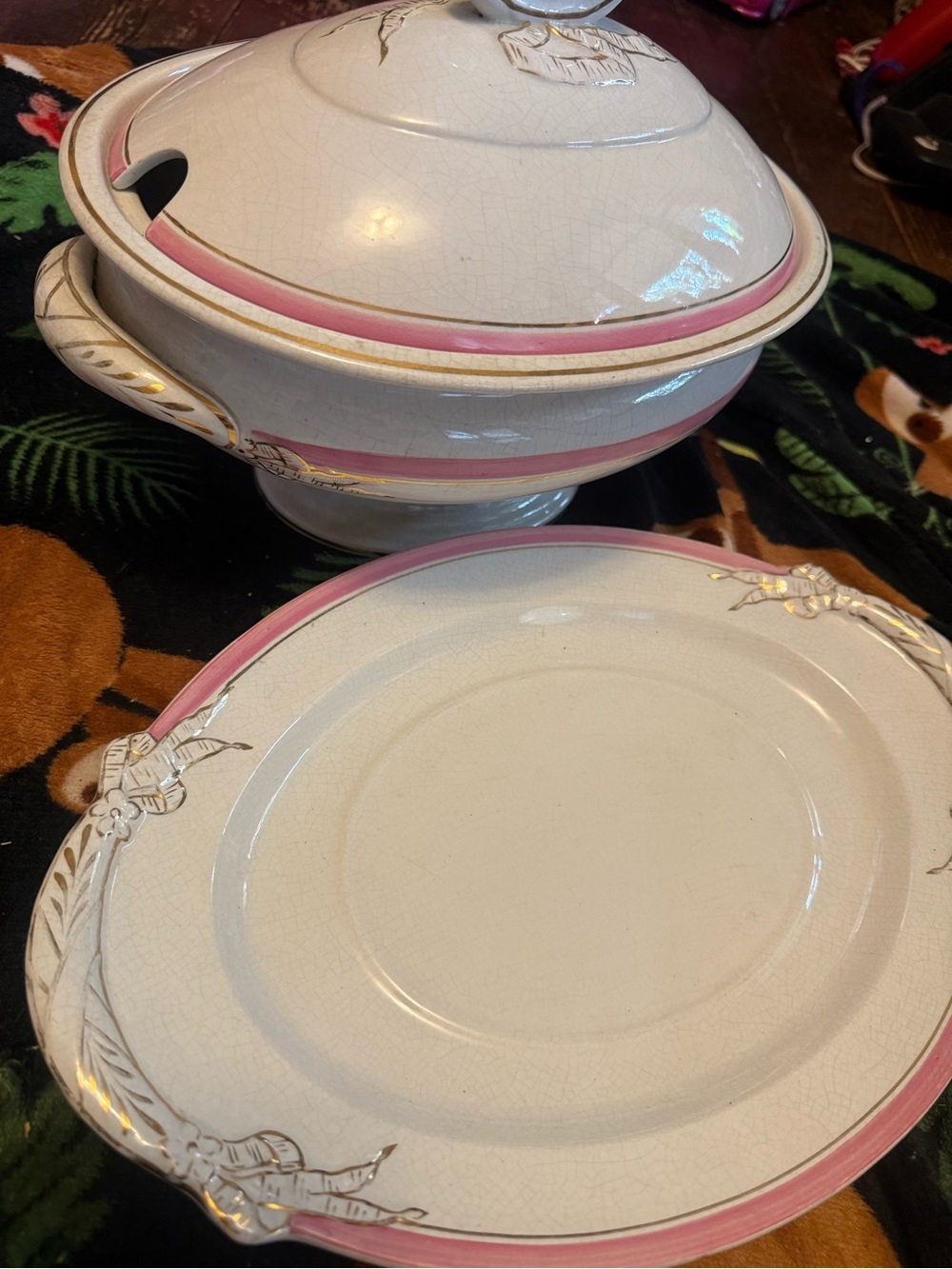 Vintage Pink and Cream Covered Tureen with Matching Plate - Elegant Tableware